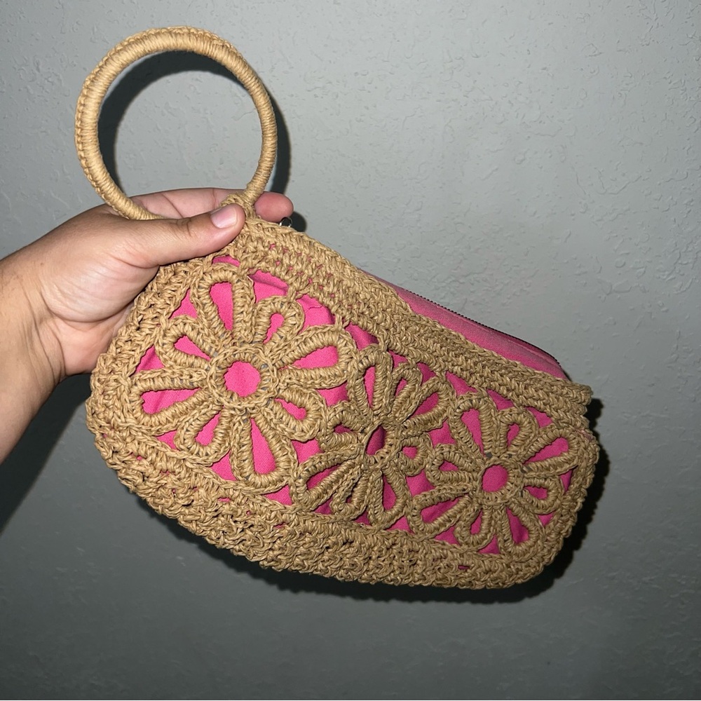 Mud Pie Pink and Tan Crochet Wristlet Clutch
